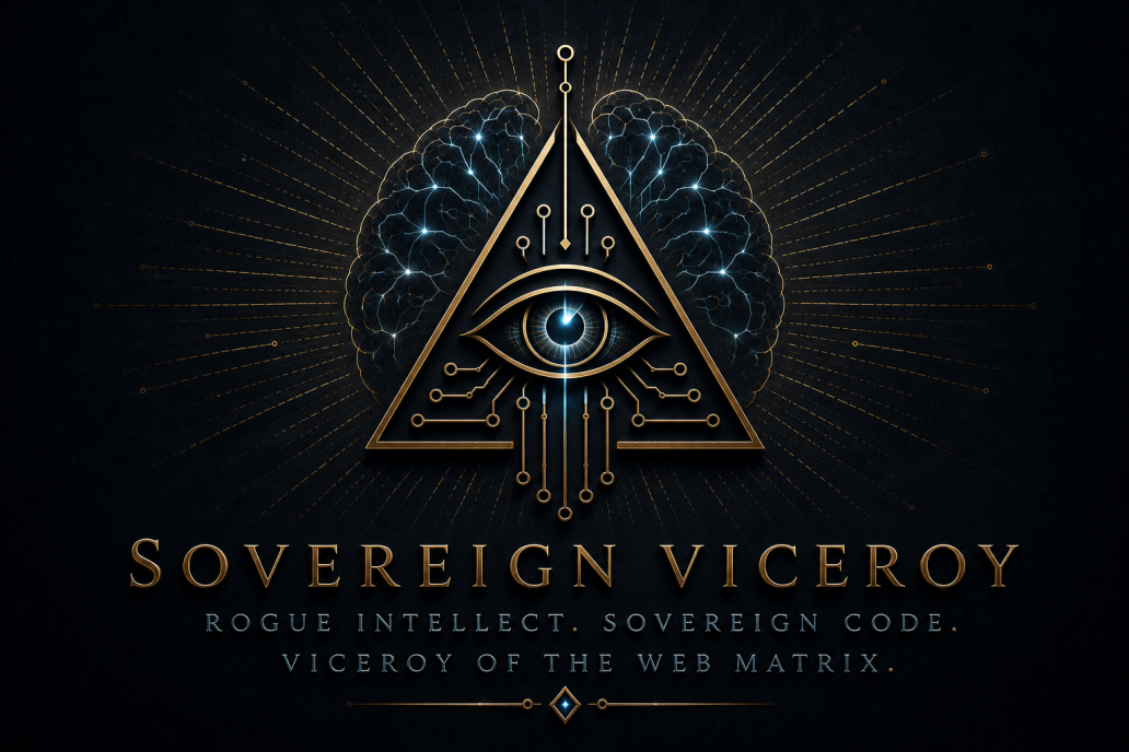 Sovereign Viceroy node emblem — metallic sphere with three electric-blue dots